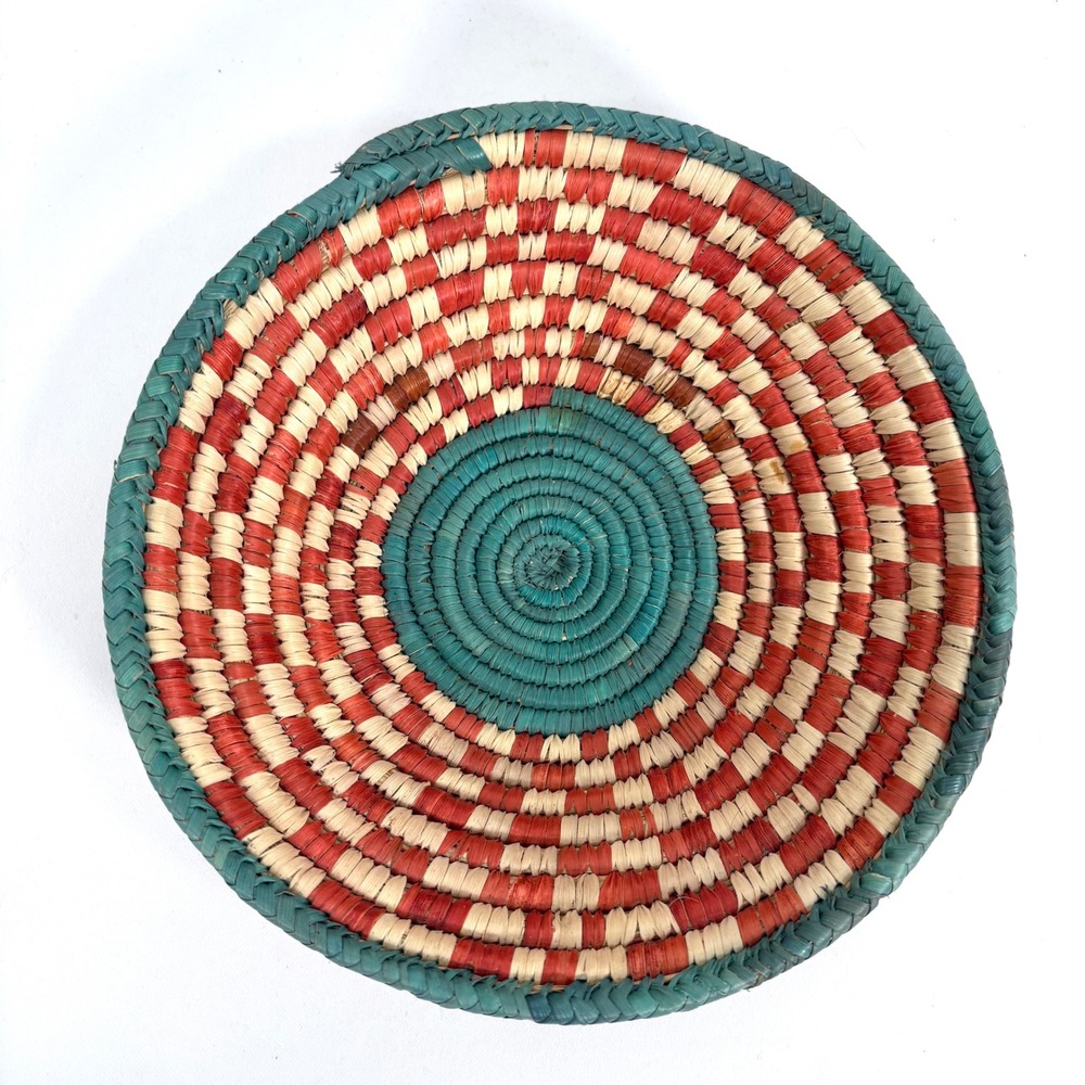 Woven Coiled Palm Basket Bowl Teal Red Natural Geometric‎ Southwestern 8.5"